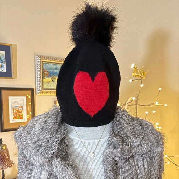 Hannah Rose 100% Cashmere Black Beanie with Red Heart — NWOT